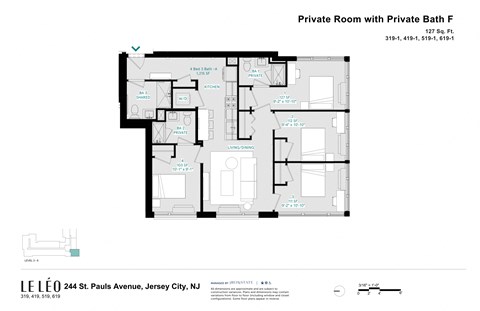 Floor plan for 1 bed, 1 bath, 127 sqft